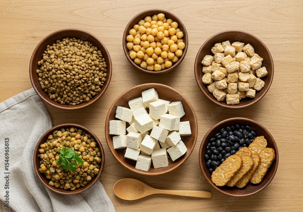 Assorted Vegan Protein Sources in Wooden Bowls Assorted Vegan Protein Sources in Wooden Bowls