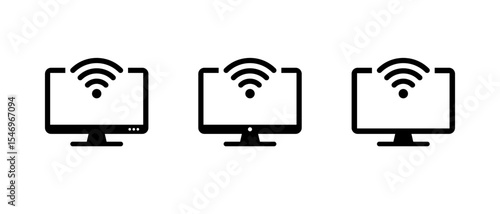 WIFI signal with computer monitor icon. Desktop PC with wireless network sign symbol