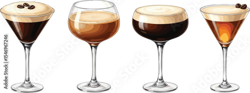 Set of Espresso Martini cocktail in a martini glass with coffee foam and cocoa powder. Watercolor illustration