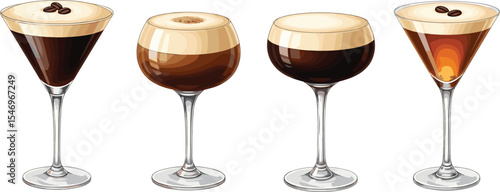 Set of Espresso Martini cocktail in a martini glass with coffee foam and cocoa powder. Watercolor illustration