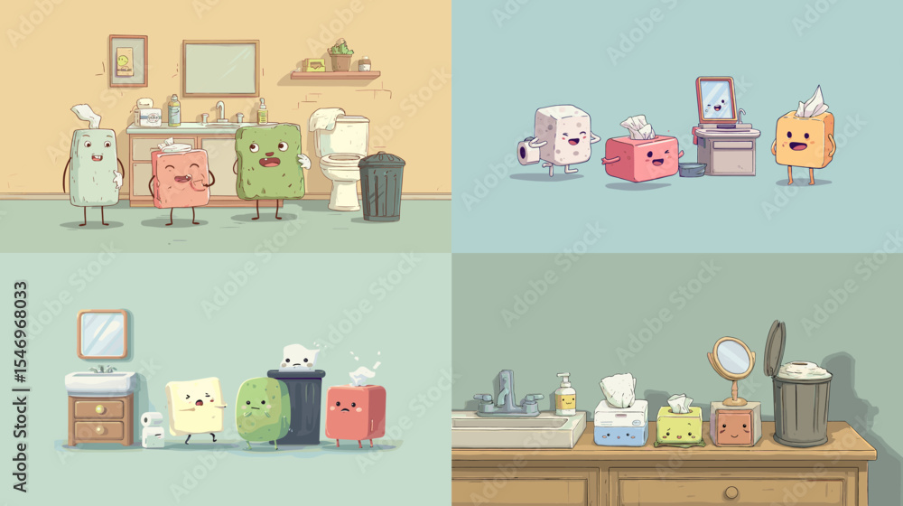 Cute bathroom scene illustration featuring funny tissue box characters with expressive faces in pastel tones, perfect for hygiene, cartoon, and children-themed designs. Cute bathroom scene illustration featuring funny tissue box characters with expressive faces in pastel tones, perfect for hygiene, cartoon, and children-themed designs.