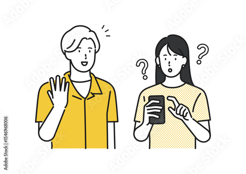 イラスト素材：スマホを見ている女性と話しかける男性のイラスト