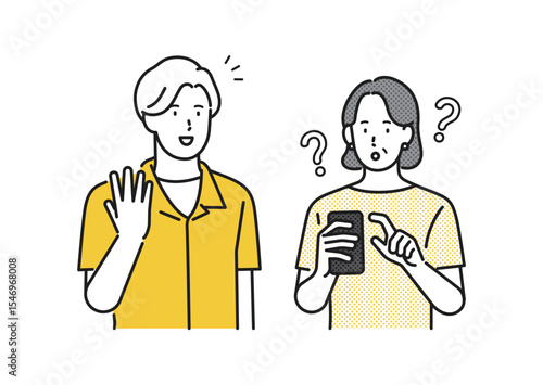 イラスト素材：スマホを見ているシニア女性と話しかける男性のイラスト