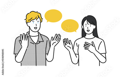 イラスト素材：英語、外国語で会話する若い男女