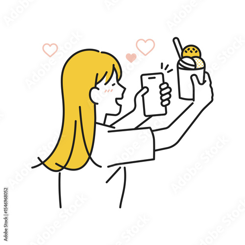 イラスト素材：嬉しそうにスマホでスイーツの写真を撮る若い女性