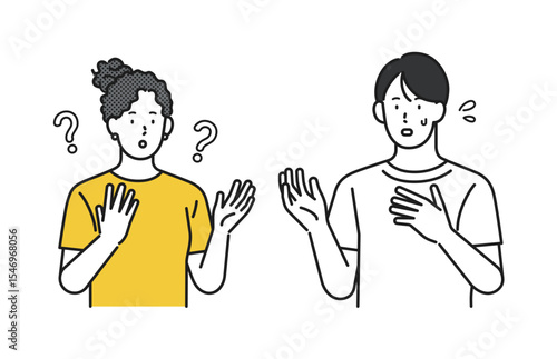 イラスト素材：言葉が通じず困る男女の会話