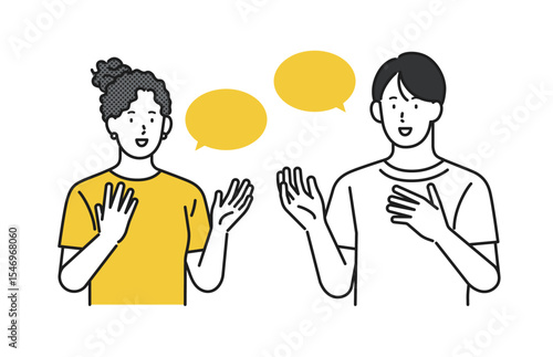 イラスト素材：英語、外国語で会話する若い男女