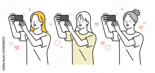 イラスト素材：嬉しそうにスマホで写真を撮る若い女性