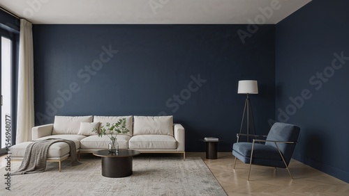 Minimal Living Room with Navy Blue Walls, Cream Accents, and Soft Natural Light