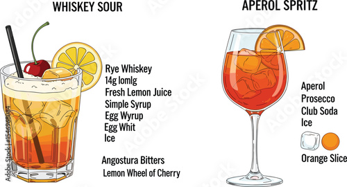 Aperol Spritz cocktail recipe card with watercolor poster. Elegant drink menu design featuring a glass of Aperol Spritz with ice cubes and an orange slice garnish.