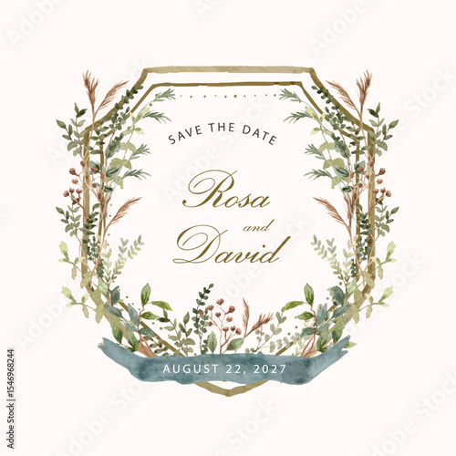wedding badge green brown leaves watercolor frame