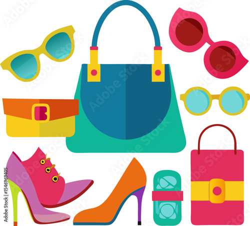 Colourful fashion accessories icons, handbag, shoes, sunglasses with white background.