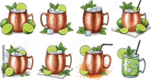 Moscow Mule cocktail served in copper mugs with ice, lime slices, mint leaves, and straws. Watercolor illustration collection on white background. Summer drink and bar menu concept.