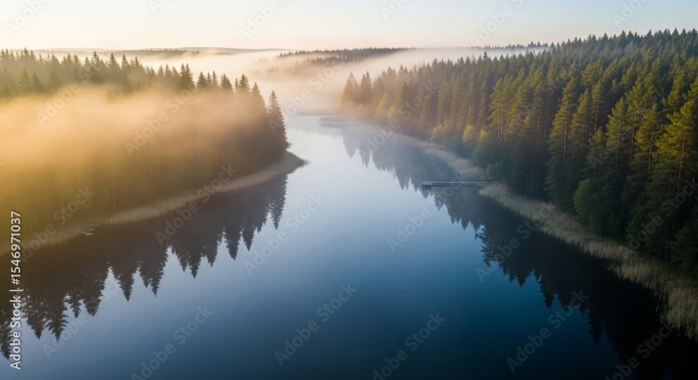 Fototapeta premium Misty Morning Lake Serene Aerial View of Forest Reflection