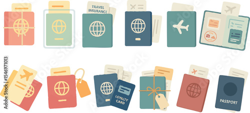 Flat Travel Style Passport and Flight Ticket Icon Set Vector for Booking and Tourism Design - AI Generative