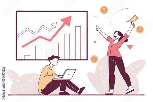 a person on a laptop and another cheering with money and a rising graph, symbolizing financial success. It represents achievement in business, investment, and profitable ventures.