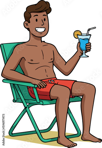 Man in Red Shorts Relaxing on Green Chair Drinking Blue Cocktail Vector Illustration 