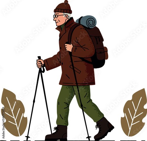 Hiker with backpack and trekking poles walking outdoors in cold weather clothing 