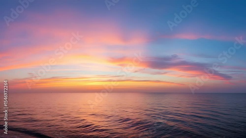 Colorful Sunset Over The Calm Ocean with Pink Orange And Blue Skies Reflecting On The Water Surface Creates Serene Seascape