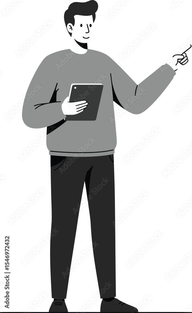 Young man holding digital tablet pointing with finger in casual clothing vector illustration Young man holding digital tablet pointing with finger in casual clothing vector illustration