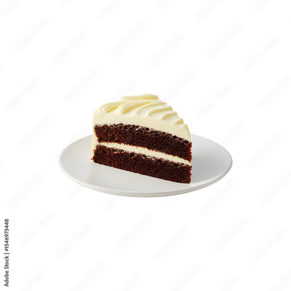 Slice of red velvet cake with cream cheese frosting on white plate Slice of red velvet cake with cream cheese frosting on white plate