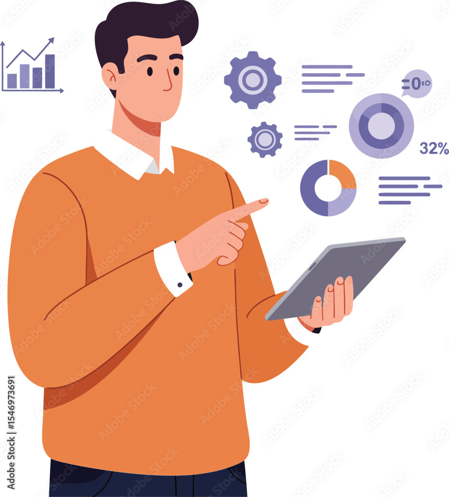 Man analyzing data and charts on tablet with business statistics and graphs in orange sweater vector illustration Man analyzing data and charts on tablet with business statistics and graphs in orange sweater vector illustration
