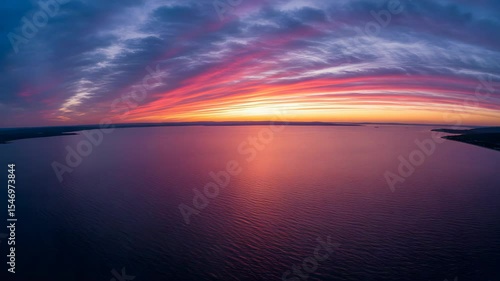 Panoramic Sunset Over a Calm Lake with Reflective Waters Purple Pink and Orange Sky Creates a Serene and Beautiful Landscape