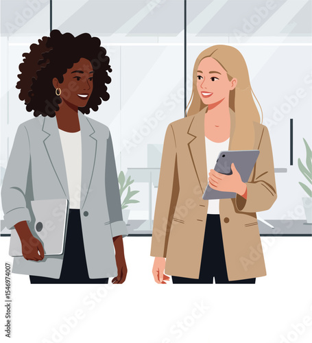 Two businesswomen discussing ideas in modern office setting with natural light and casual attire vector illustration 