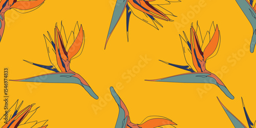Bird of paradise flower pattern on orange background. Tropical flower drawing. 