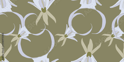 Flowers. Floral background.White ghost orchids. Seamless pattern. Petals. Green background.