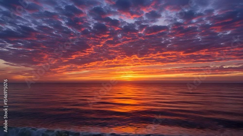 Vibrant Orange Sunset Over Calm Ocean with Fiery Clouds Reflecting on Water Surface In Twilight