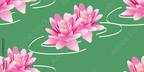 Pink water Lily pads or lotus flowers, leaves. Hand drawn illustration. Floral print with aquatic plants. Square seamless Pattern, background, wallpaper. Repeating design element for printing.
