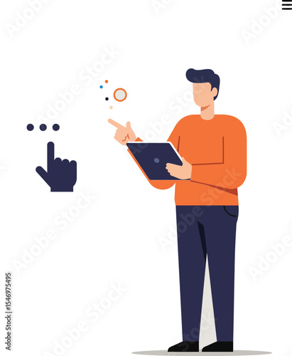 Man using tablet with speech bubble and finger icon in flat digital communication concept