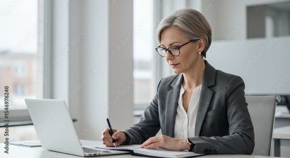 Woman Writing in Notebook While Using Laptop at Desk Woman Writing in Notebook While Using Laptop at Desk