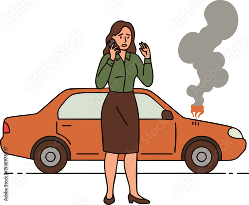 Woman Calling for Help Near Car with Smoke Coming from Engine Vector Illustration 