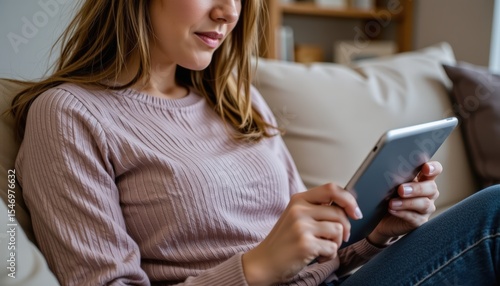 a woman at home browsing an online store on her tablet with a credit card nearby