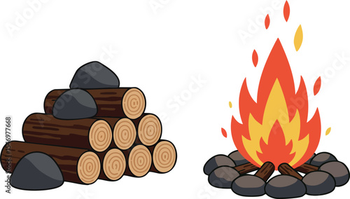 Campfire with burning logs and stacked firewood illustration in simple style 