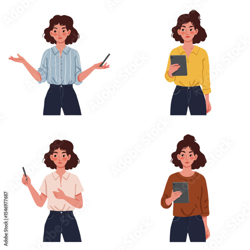 Young woman with tablet and stylus in casual outfits on green background vector illustration set 