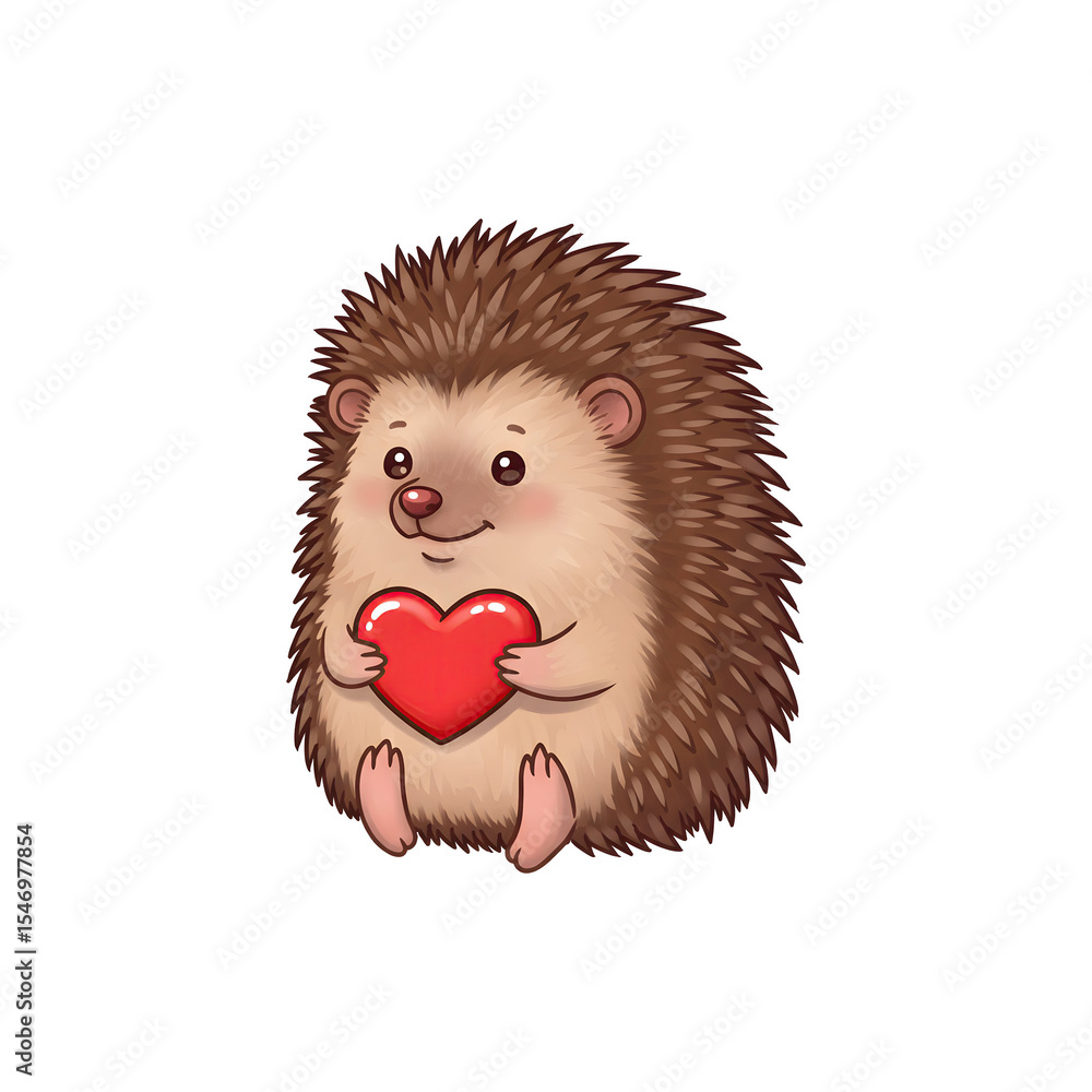 Cartoon hedgehog holding a red heart and smiling Cartoon hedgehog holding a red heart and smiling