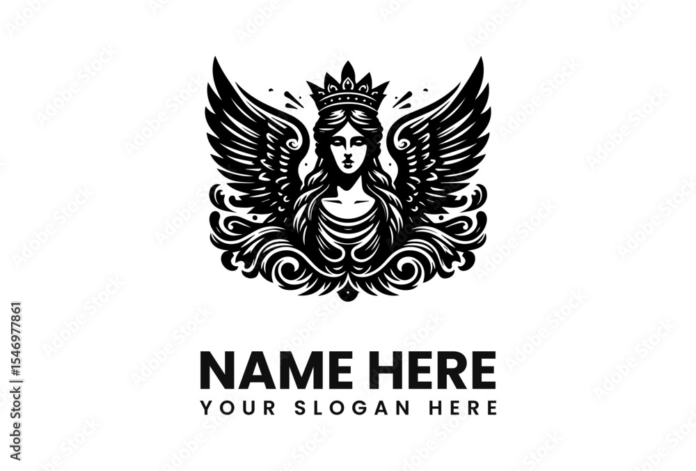 A regal figure with wings, crown, and flowing hair, centered on a white background. A regal figure with wings, crown, and flowing hair, centered on a white background.