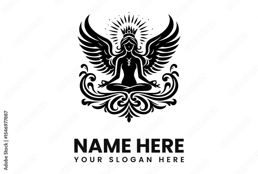 Fototapeta premium A meditating woman with wings, radiating light, and decorative flourishes.