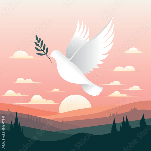 Vector illustration of a white dove flying with an olive branch in its beak over a serene mountain landscape at sunrise. Peaceful pastel colors. Symbol of peace and harmony.
