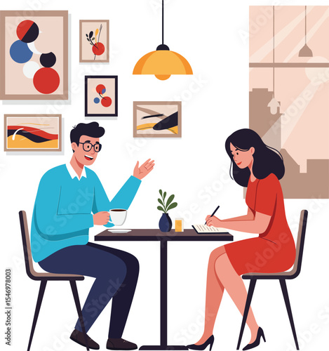 Couple enjoying coffee and conversation at cafe table in modern interior with wall art and pendant lamp 