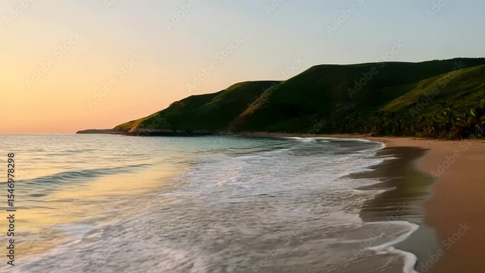 Serene Sunset Over Lush Coastal Hills and Gentle Waves on Sandy Beach Serene Sunset Over Lush Coastal Hills and Gentle Waves on Sandy Beach