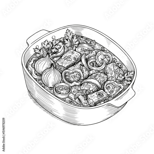 Illustration of paprikash with vegetables and meat in a dish  