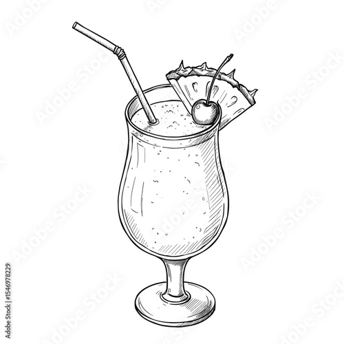 Sketch of Pina Colada cocktail in glass with straw and garnish  