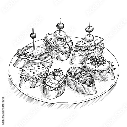 Pintxos Platter Illustration. Monochrome vector on transparent background, black and white. Spanish tapas, gourmet appetizers. For restaurant menus, food blogs, catering