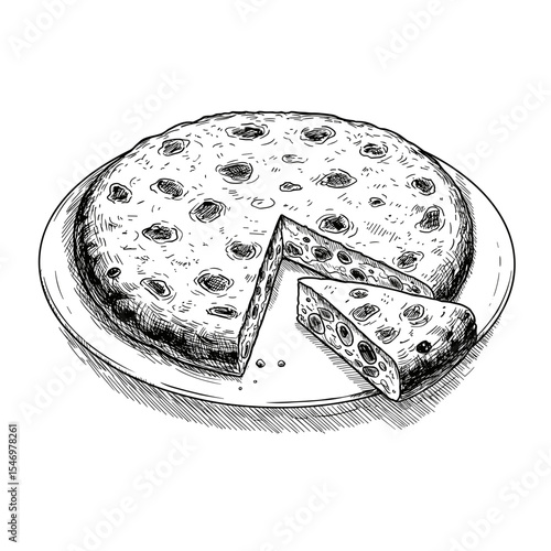 Spanish tortilla served on a plate with a slice cut out  