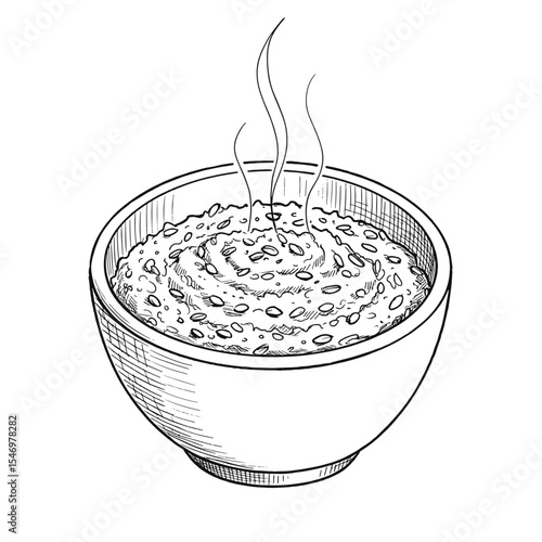 Spelt Porridge Bowl. Monochrome vector illustration on transparent background, black and white. Healthy breakfast, wholesome food. For food blogs, healthy eating, recipe content