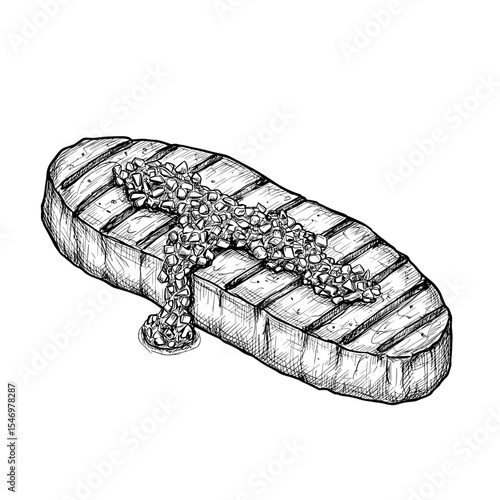 Grilled Steak Chimichurri. Monochrome vector illustration on transparent background, black and white. Gourmet meat, BBQ cuisine. For restaurant menus, food blogs, packaging